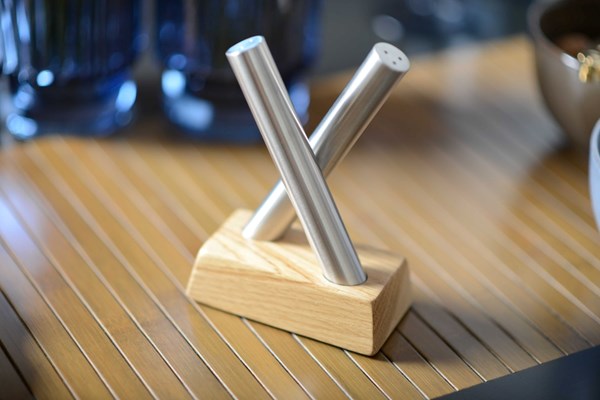 Silver Salt/Pepper Wooden Stand
