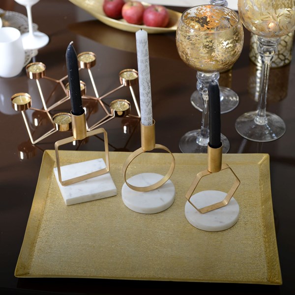 Candle Holder Square On Marble Stand | Mat Gold | 17cm