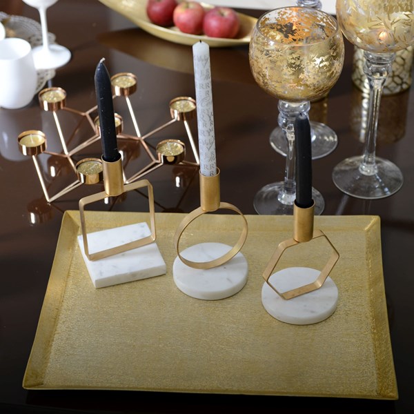 Candle Holder Round On Marble Stand | Mat Gold | 17cm